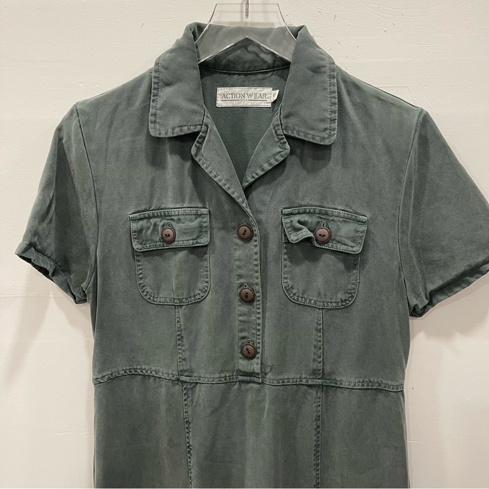 Action Wear USA Military Green Midi Dress Side Slit Small Button Front - Picture 5 of 9